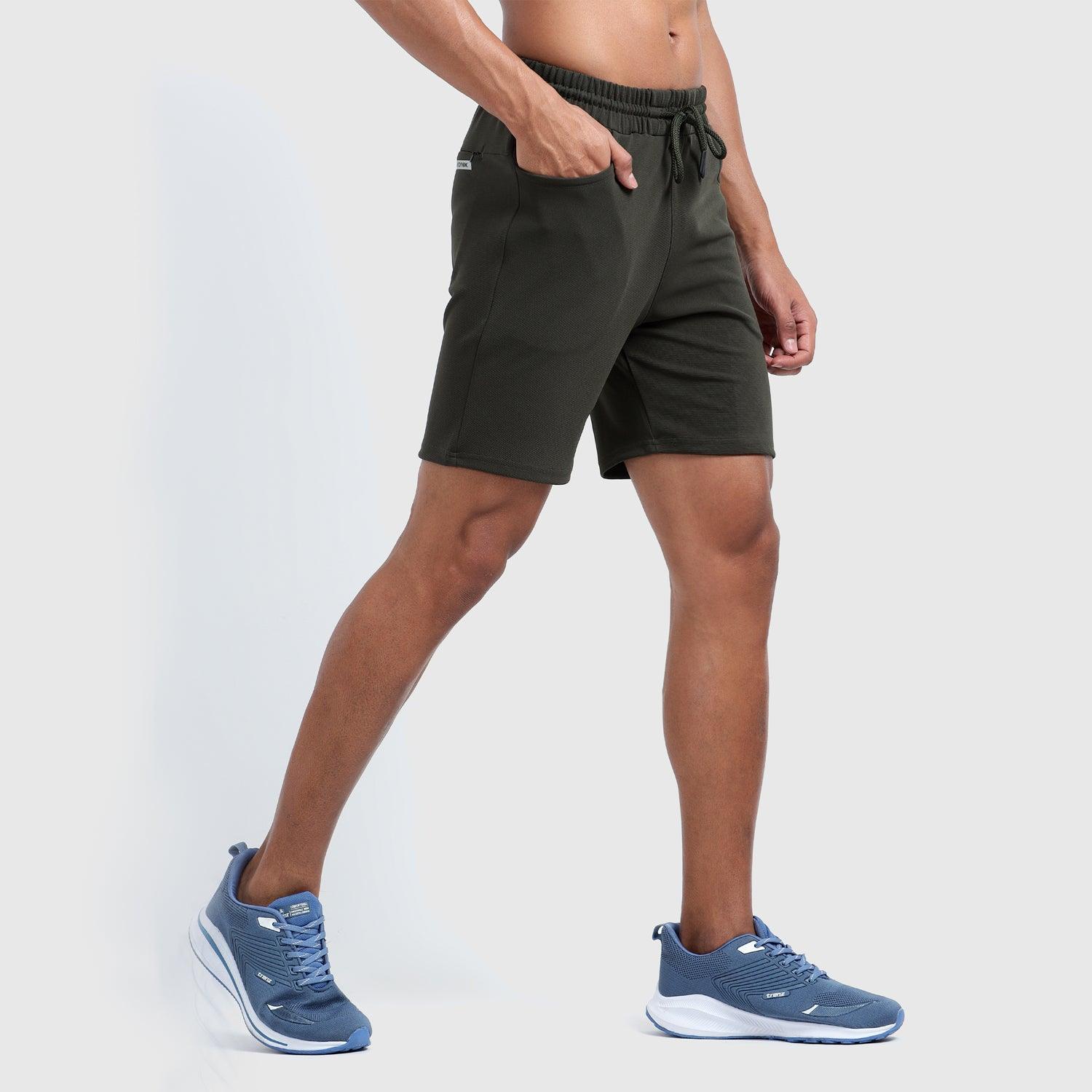 Denmonk's fashionable Retroglide Shorts core olive shorts for men will boost your level of gym fitness.